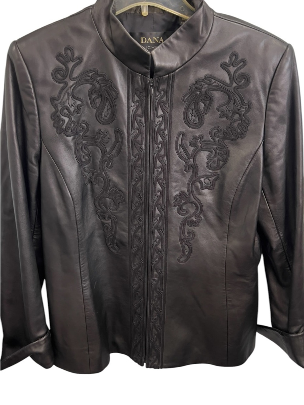 Dana Buchman Black Embroidered Leather Zip Jacket
